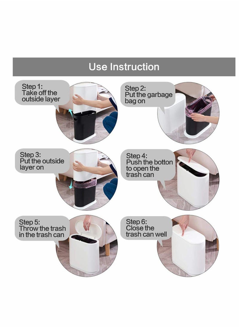 Generic - Trash Can, Gallon Slim Garbage Container Bin Removable Liner Bucket with Press Top Lid for Kitchen Bathroom Living Room Office Narrow Place - 10 Liter/2.4 - Image 1