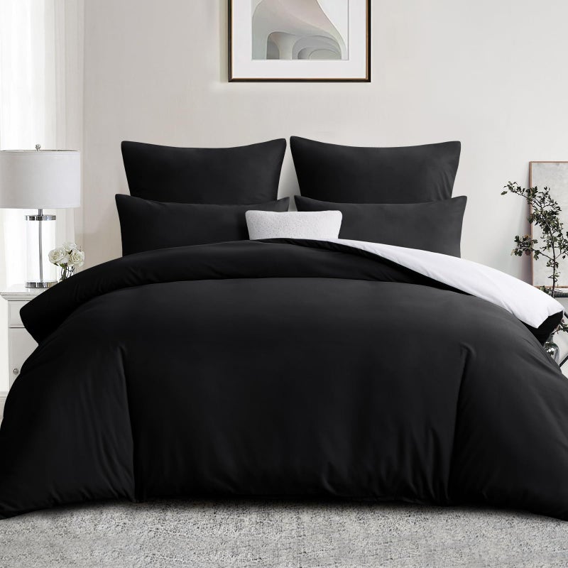 Aisbo Double Size Duvet Cover Set  3Pcs Reversible Bedding Bed Set Black and White Double Soft Brushed Microfiber Quilt Cover with 2 Pillowcases 50x75cm
