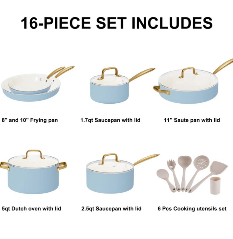 Pots and Pans Set Non Stick - Ceramic Cookware Set with Cooking Utensils Set, Non Toxic Kitchen Cookware Sets Dutch Oven Pot with Lid Saucepan Set Sauté Pan Frying Pan Set for Cooking Gifts - Image 2