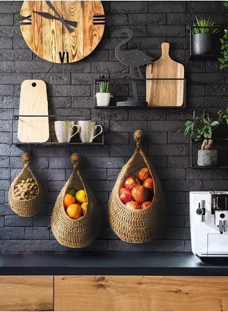 Generic - Set of 3 decorative hanging baskets (with lanyard) woven with hemp rope, wall-mounted storage baskets, home wall decoration, food, plant, daily necessities, toy storage (21X28 cm, 27X33 cm, 30X35 cm) - Image 1