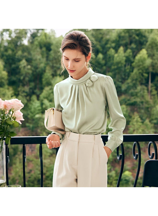 Olrain Oulain French Chiffon Lace Blouse For Women, Autumn New Style, Office Light Mature Style Top, Light Green, Size S - Image 2