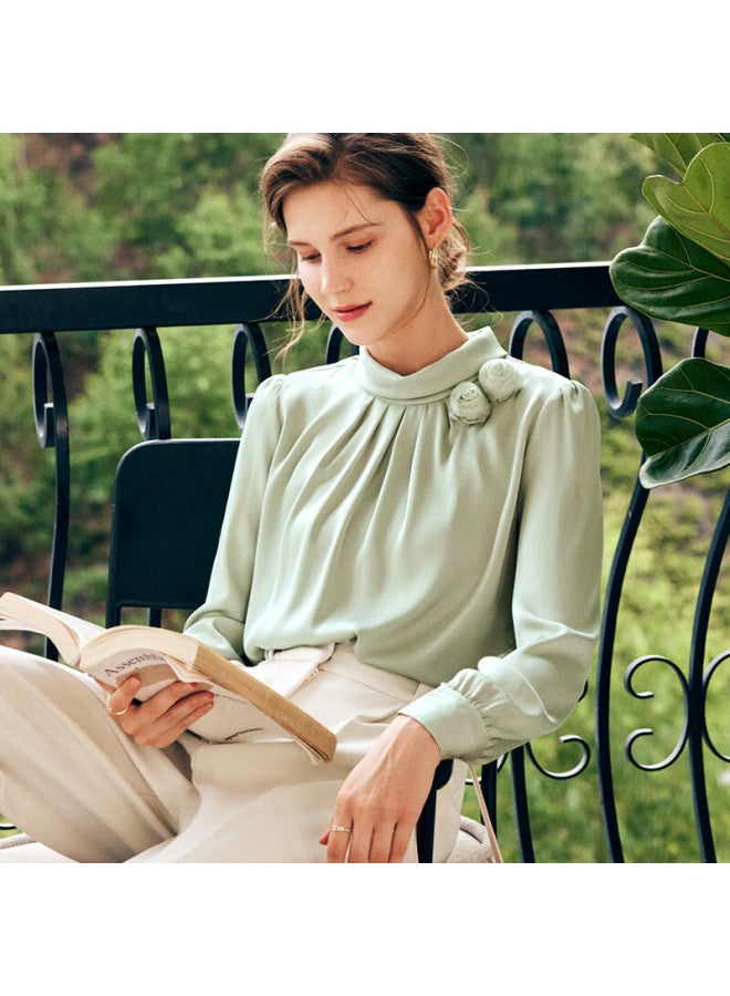 Olrain Oulain French Chiffon Lace Blouse For Women, Autumn New Style, Office Light Mature Style Top, Light Green, Size S - Image 3