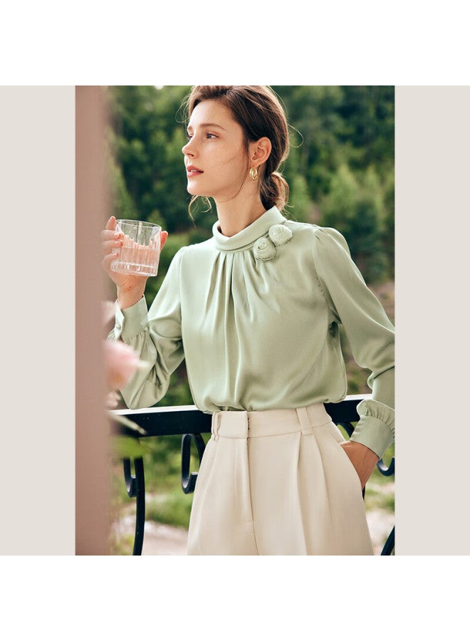 Olrain Oulain French Chiffon Lace Blouse For Women, Autumn New Style, Office Light Mature Style Top, Light Green, Size S - Image 1