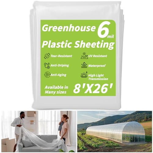 UZLU Greenhouse Plastic Sheeting 6 Mil, 8 x 26 FT Transparent UV Resistant Polyethylene Film, Tear-Resistant Green House Hoop Cover for Gardening, Farming, Nursery, Henhouse, Anti-Drip & Weatherproof - Image 1