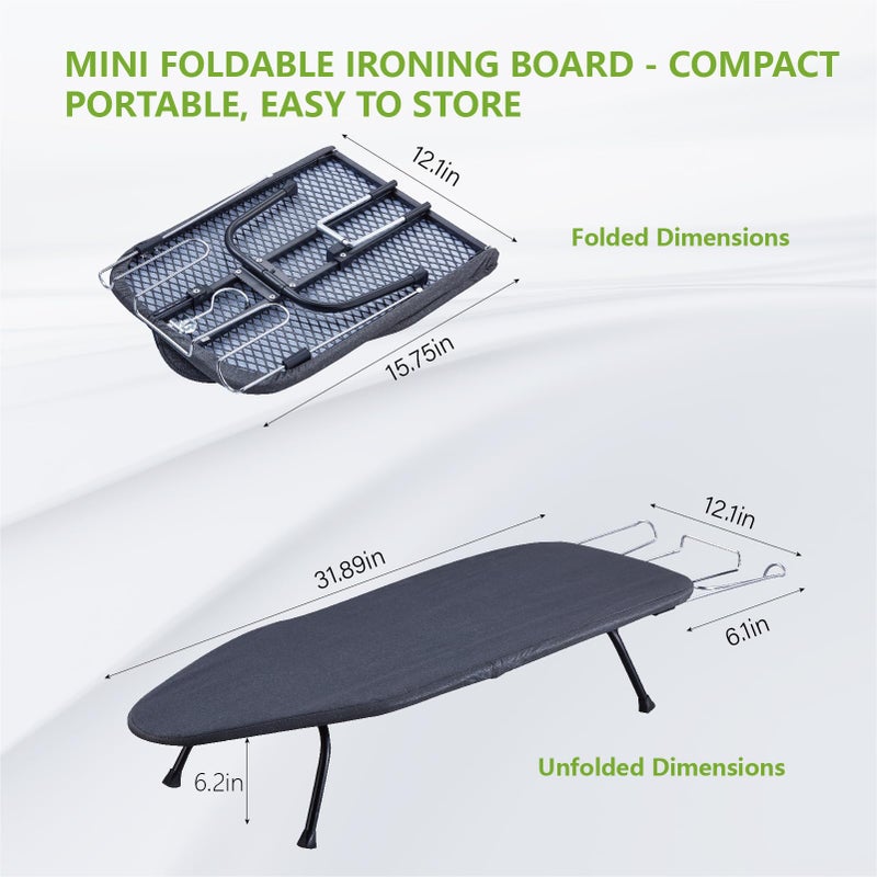 OMUACHIP Foldable Table Top Ironing Board with Iron Rest, Portable Ironing Board Small with Heat Resistant Cotton Cover, Mini Iron Board for Small Space and Travel, 31"x12", Black - Image 2