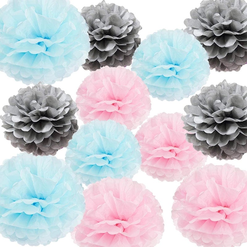Theme My Party Theme My Party Blue, Pink and Silver POM POM Flower Decoration for Birthday Parties, Anniversary Party & Baby Shower (Pack of 12) 