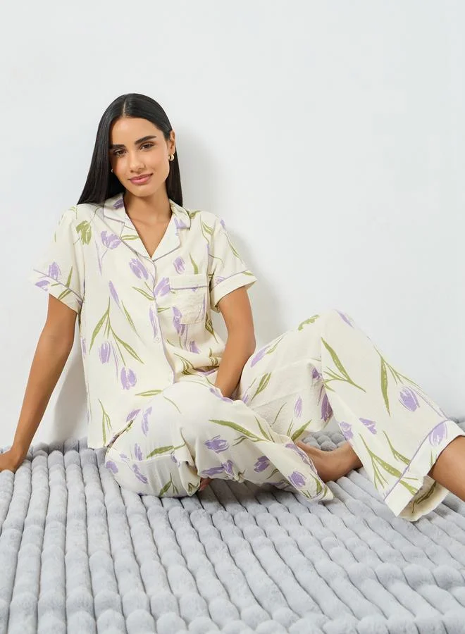 Take Two Cream Floral Print Pocket Detail Shirt and Pyjama Set