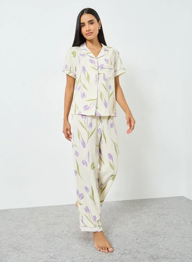 Take Two Cream Floral Print Pocket Detail Shirt and Pyjama Set
