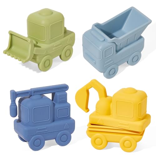 AMCHSURI Mold Free Bath Toys 4 Pack Silicone Car Bath Toys Truck Construction Toys Detachable Squeezable Floating Toddler Bath Toy Bathtub Water Pool Toys for Toddler Gifts - Image 1