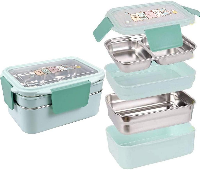 klarako Two Tiers Kids Lunch Box Bento Box Stainless Steel Food Container Storage Boxes for Kids Children Adults Office School Camping,Blue - Image 1