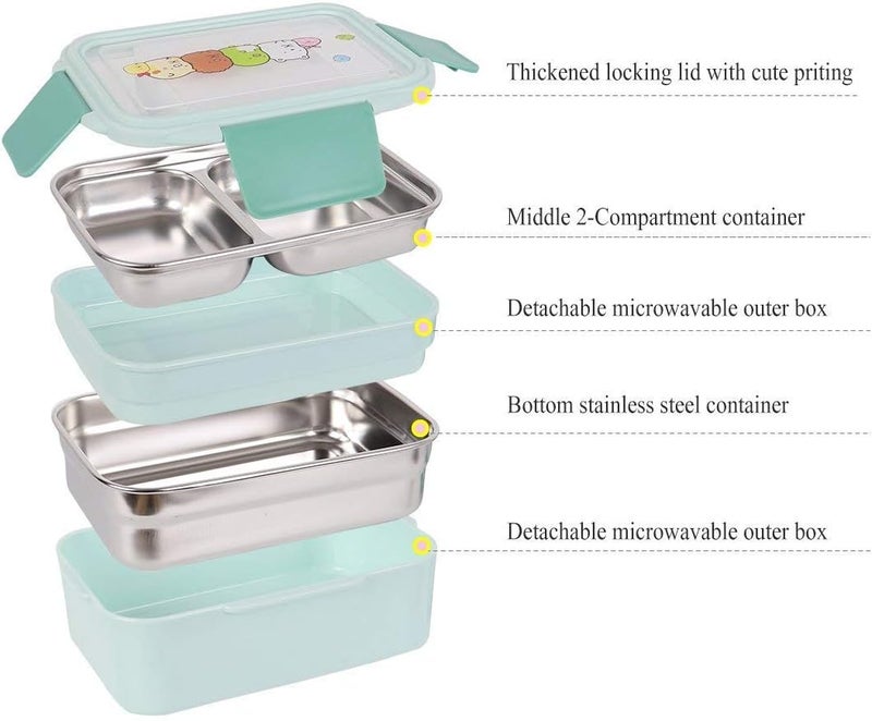 klarako Two Tiers Kids Lunch Box Bento Box Stainless Steel Food Container Storage Boxes for Kids Children Adults Office School Camping,Blue - Image 3