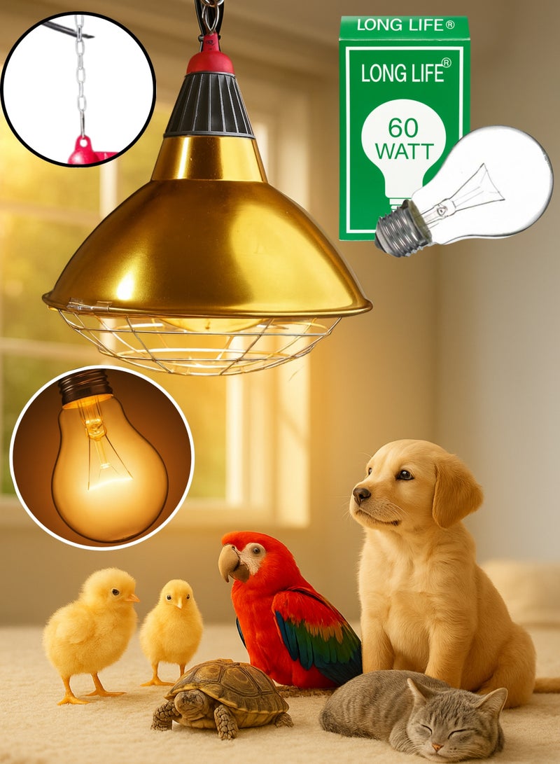 Pet Heater & Poultry Heat Lamp with 60W Bulb – Metal Reflector, Mesh Guard & 2m Hanging Chain | Brooder Heating Lamp for Chicks, Puppies, Kittens, Birds & Reptiles - Image 1