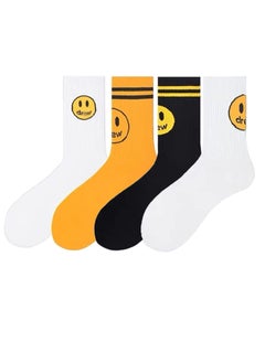 Unisex Cotton Socks, Cotton Work Casual Crew Socks for Men and Women, Fashion Funny House Socks, Assorted Mid-calf Comfort Crew Socks (Smiling Face, 4 Pair)
