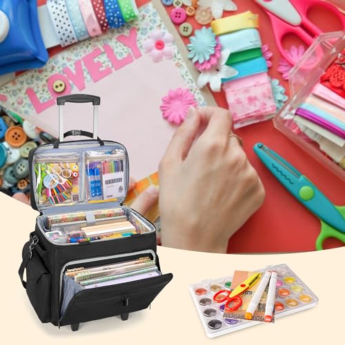 Trunab Rolling Scrapbook Tote with Expandable File Pocket, Large Craft Organizer and Storage Bag with Detachable Trolley and Bottom Support Panel for Scrapbooking Supplies and Art Tools, Black - Image 4