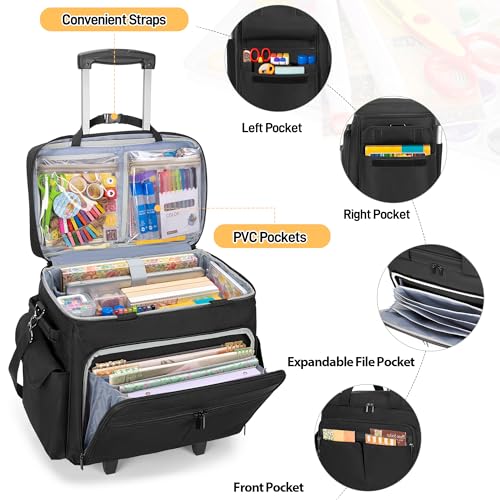 Trunab Rolling Scrapbook Tote with Expandable File Pocket, Large Craft Organizer and Storage Bag with Detachable Trolley and Bottom Support Panel for Scrapbooking Supplies and Art Tools, Black - Image 3