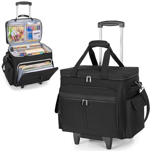 Trunab Rolling Scrapbook Tote with Expandable File Pocket, Large Craft Organizer and Storage Bag with Detachable Trolley and Bottom Support Panel for Scrapbooking Supplies and Art Tools, Black - Image 1