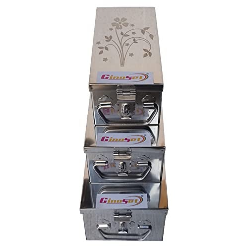 GinoSet® Stainless Steel Locker Boxes Jewellery Boxes Cash Peti Set (Multi_Pack of 3) Size -8 Inch, 10 Inch, 12 Inch. With Laser Printed Design - Silver) - Image 2
