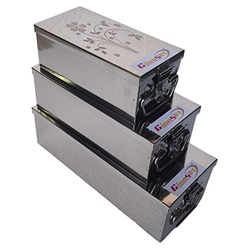 GinoSet® Stainless Steel Locker Boxes Jewellery Boxes Cash Peti Set (Multi_Pack of 3) Size -8 Inch, 10 Inch, 12 Inch. With Laser Printed Design - Silver) - Image 5