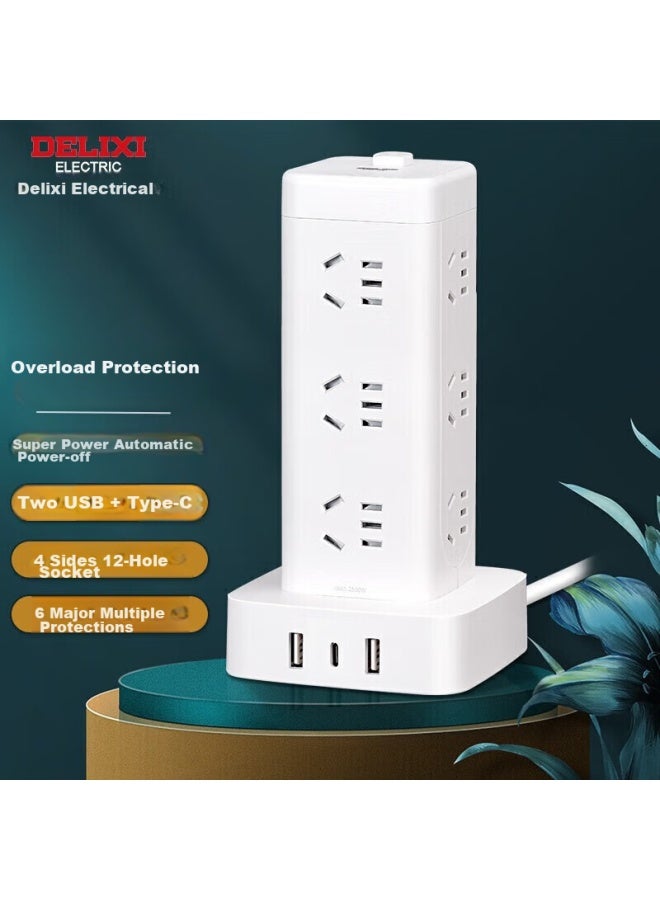 Delixi Vertical Power Strip/extension Cord/power Bar/power Strip/power Board/power Strip/power Cable, 16 Outlets With Five Holes, Usb + Type-c Ports, Master Switch, 1.7 Meters, Overload Protection - Image 5