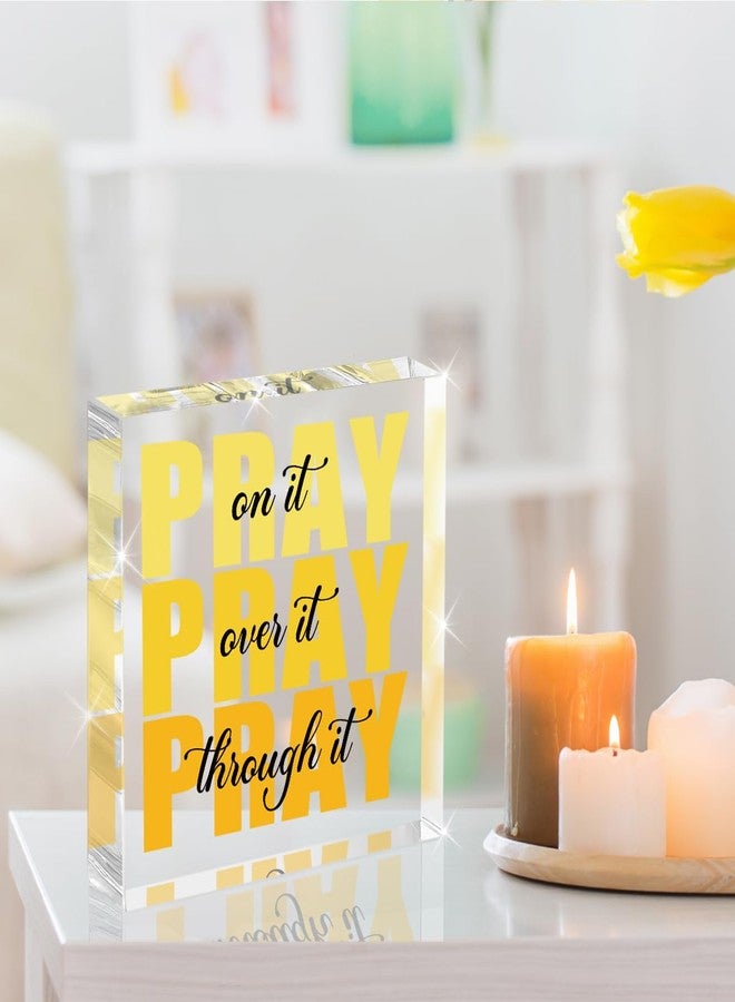 Krollma Yellow Room Decor, Inspirational Christian Gifts for Women, Yellow Dorm Bathroom Room Decoration, Office Decor for Women, Acrylic Office Desk Accessories Decoration Wall Art Sign-Pray through it - Image 3