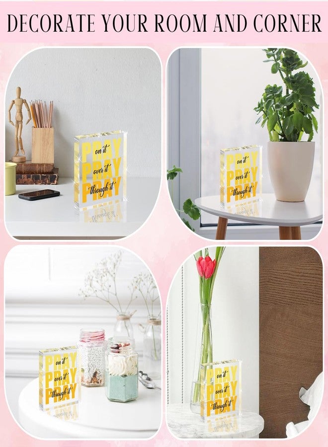 Krollma Yellow Room Decor, Inspirational Christian Gifts for Women, Yellow Dorm Bathroom Room Decoration, Office Decor for Women, Acrylic Office Desk Accessories Decoration Wall Art Sign-Pray through it - Image 5