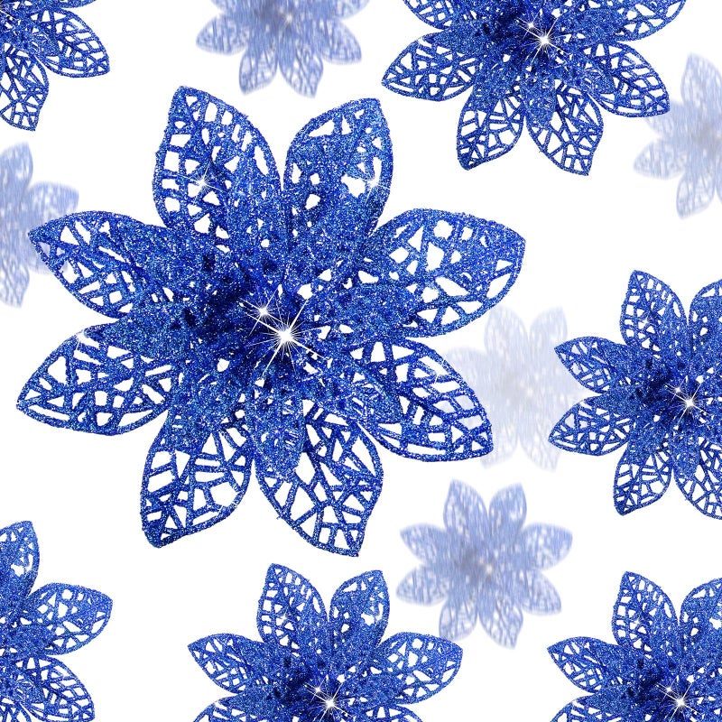 Boao Royal Blue 24 Pieces Poinsettia Flower Christmas Glitter Artificial Poinsettia with Clips Christmas Tree Ornament Decorations for DIY Xmas Wreath Holiday Home Party Decor 346 Inches - Image 2