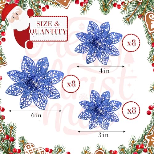 Boao Royal Blue 24 Pieces Poinsettia Flower Christmas Glitter Artificial Poinsettia with Clips Christmas Tree Ornament Decorations for DIY Xmas Wreath Holiday Home Party Decor 346 Inches - Image 3