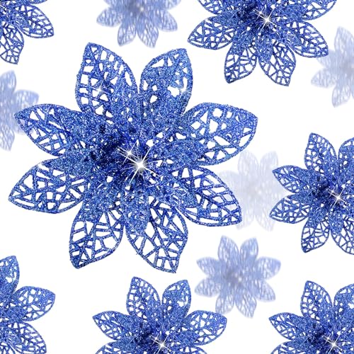 Boao Royal Blue 24 Pieces Poinsettia Flower Christmas Glitter Artificial Poinsettia with Clips Christmas Tree Ornament Decorations for DIY Xmas Wreath Holiday Home Party Decor 346 Inches - Image 1