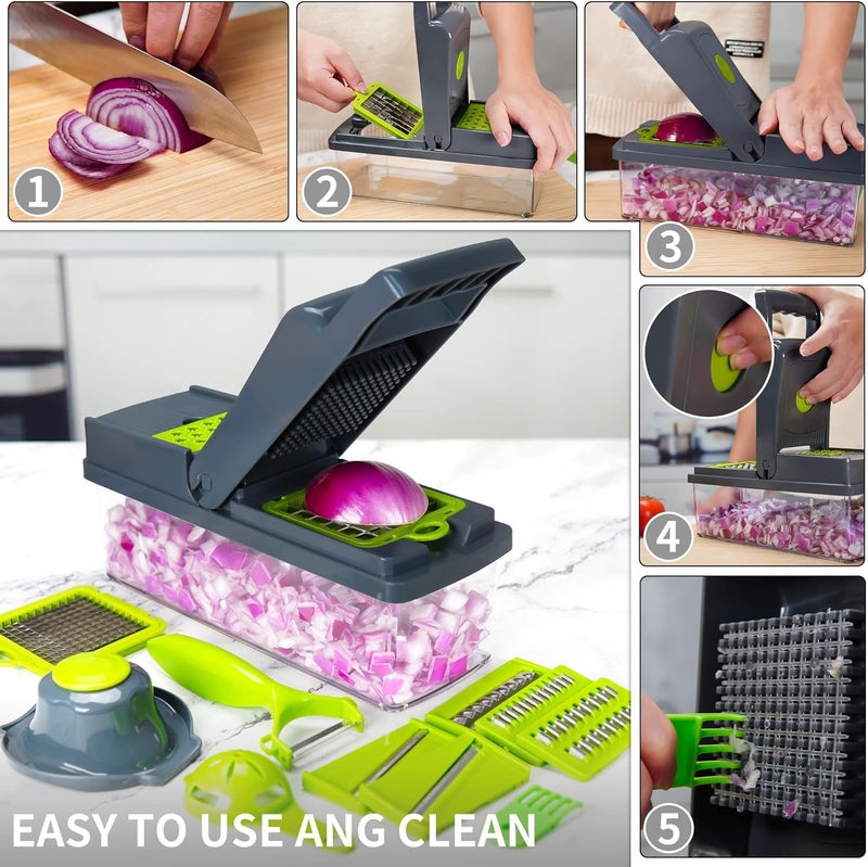 XIANGBIN Vegetable Chopper Slicer Dicer 14-in-1 Fruits Cutter Mandoline Slicer Food Chopper/Cutter with 8 Stainless Steel Blades, Adjustable & Dicer with Storage Container Grey - Image 3