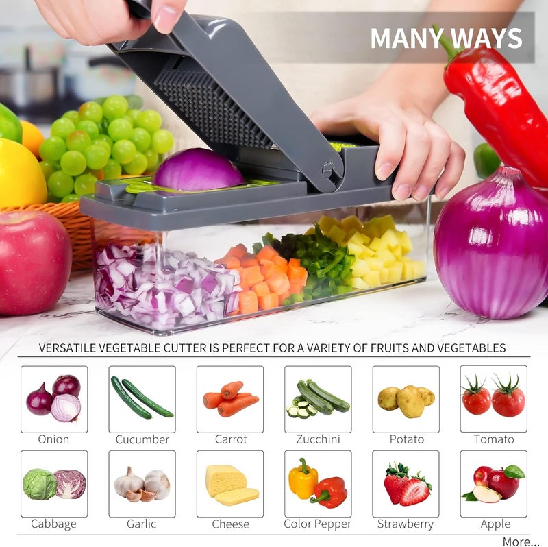 XIANGBIN Vegetable Chopper Slicer Dicer 14-in-1 Fruits Cutter Mandoline Slicer Food Chopper/Cutter with 8 Stainless Steel Blades, Adjustable & Dicer with Storage Container Grey - Image 2