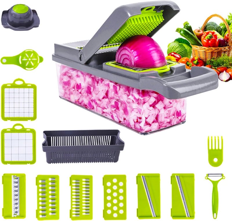 XIANGBIN Vegetable Chopper Slicer Dicer 14-in-1 Fruits Cutter Mandoline Slicer Food Chopper/Cutter with 8 Stainless Steel Blades, Adjustable & Dicer with Storage Container Grey - Image 1