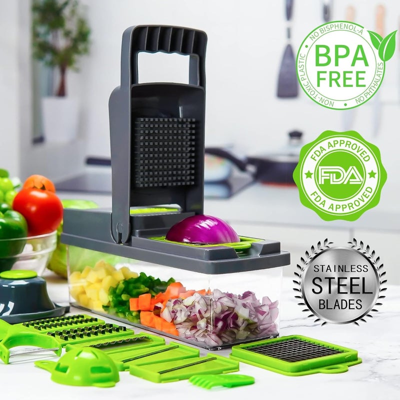 XIANGBIN Vegetable Chopper Slicer Dicer 14-in-1 Fruits Cutter Mandoline Slicer Food Chopper/Cutter with 8 Stainless Steel Blades, Adjustable & Dicer with Storage Container Grey - Image 5