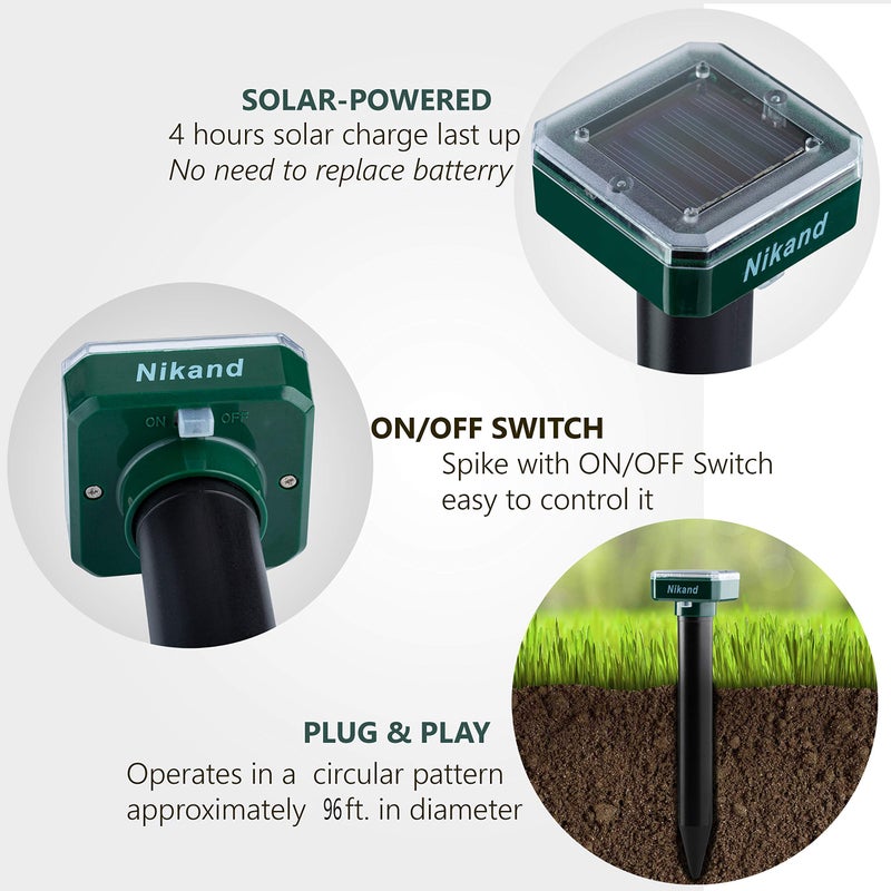 NIKAND Solar Mole Repellent Ultrasonic 4 Pack Outdoor Powered Sonic Deterrent - Mole Stopper Scare Vole for Lawn Garden Yard Home - Groundhog Repeller Snake Rodent Gopher Spikes Chaser Pest (4 Pack) - Image 3