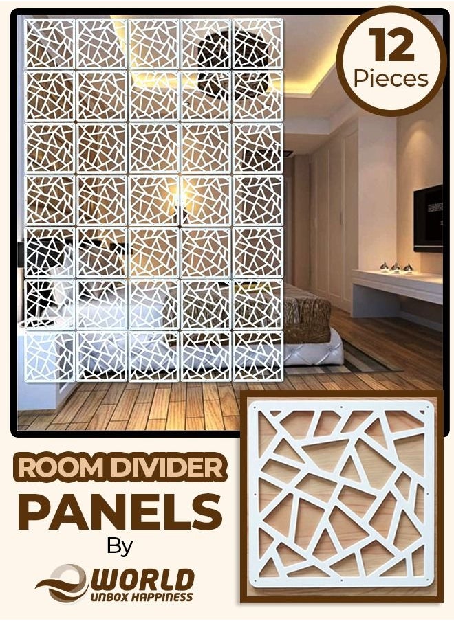 Eworld - White Room Dividers with 12 Wood Plastic Hanging Panels for Living Room, Dining Area, Study, Sitting Room and Hotel Decor, Elevate Space with Stylish Carved Hollow Hallway Folding Screens - Image 1