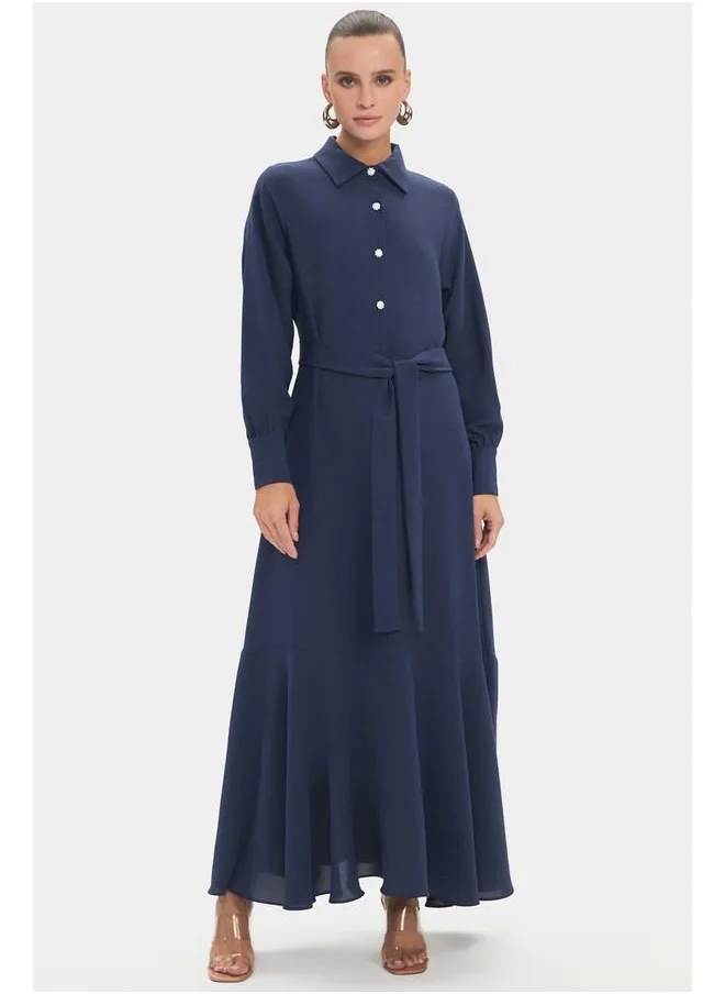 جون June Women Shirt Collar Flounce Hem Dress Indigo