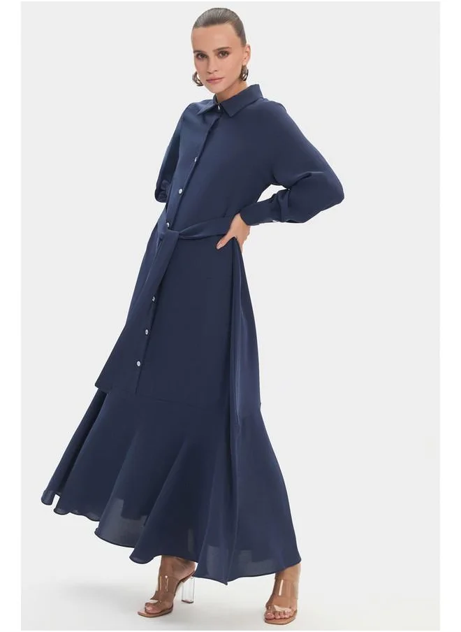 JUNE June Women Shirt Collar Flounce Hem Dress Indigo