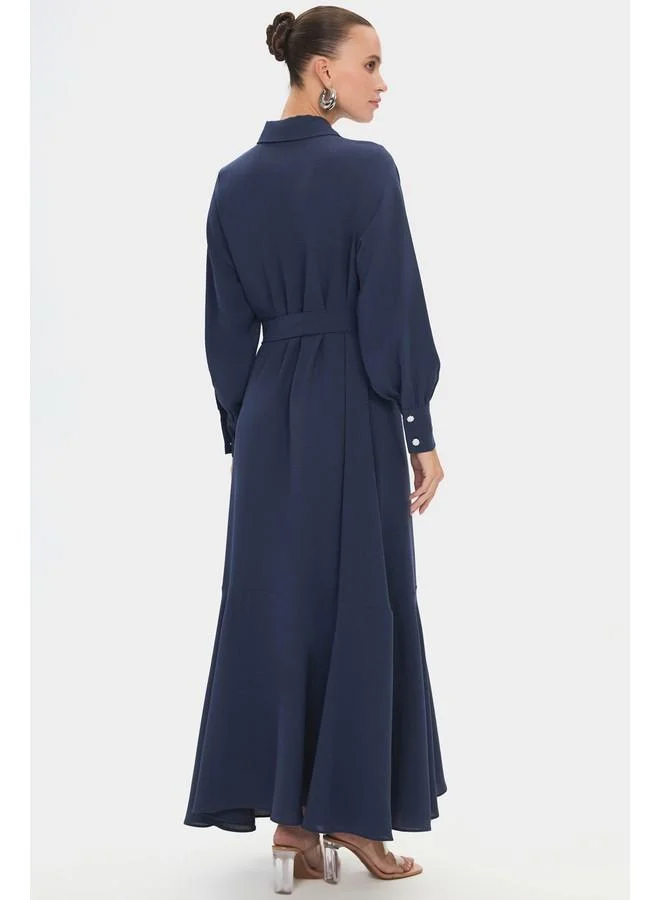 JUNE Belted Navy Maxi Dress