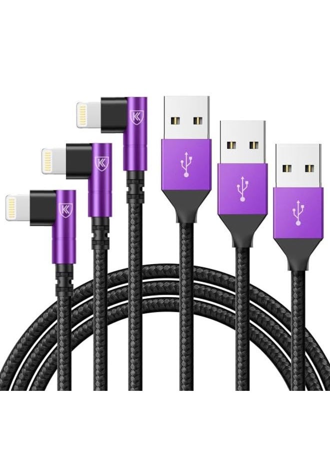 KIYODA iPhone Charger Cable 6ft, 3 Pack Lightning Cable, 90 Degree Nylon Braided Gaming Charging Cord, USB to Lightning Cable Compatible with 13 12 11 Pro XS MAX XR X 8 7 6S Plus SE iPad iPod, Purple - Image 1
