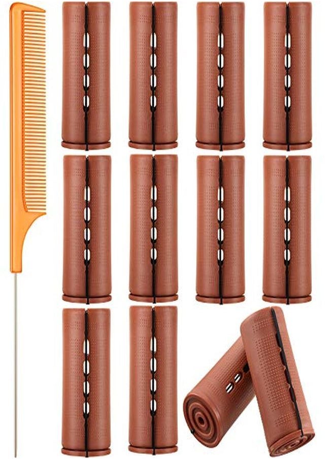 WILLBOND 12 Pieces Hair Perm Rods Set Cold Wave Rods Plastic Perming Rods Hair Curling Rollers With Stainless Steel Rat Tail Comb Pintail Comb For Hairdressing Styling Tools (1.57 Inch, Brown)  - Image 1