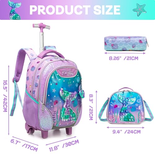 Meetbelify Mermaid Rolling Backpack for Girls Kids Wheels Backpacks for Elementary Student Wheeled Trolley Trip Luggage for Teen Girls with Lunch Box Pencil Case - Image 3