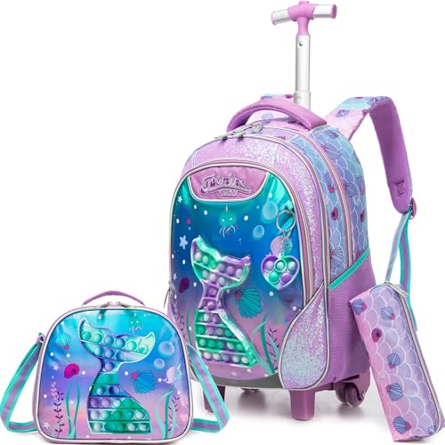 Meetbelify Mermaid Rolling Backpack for Girls Kids Wheels Backpacks for Elementary Student Wheeled Trolley Trip Luggage for Teen Girls with Lunch Box Pencil Case - Image 1