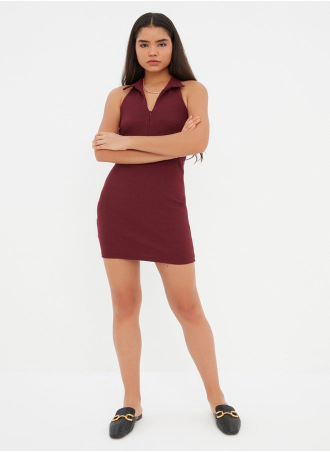 trendyol Burgundy Fitted Polo Neck Mini Ribbed Stretchy Knitted Pencil Dress TWOSS22EL1981  - Image 3