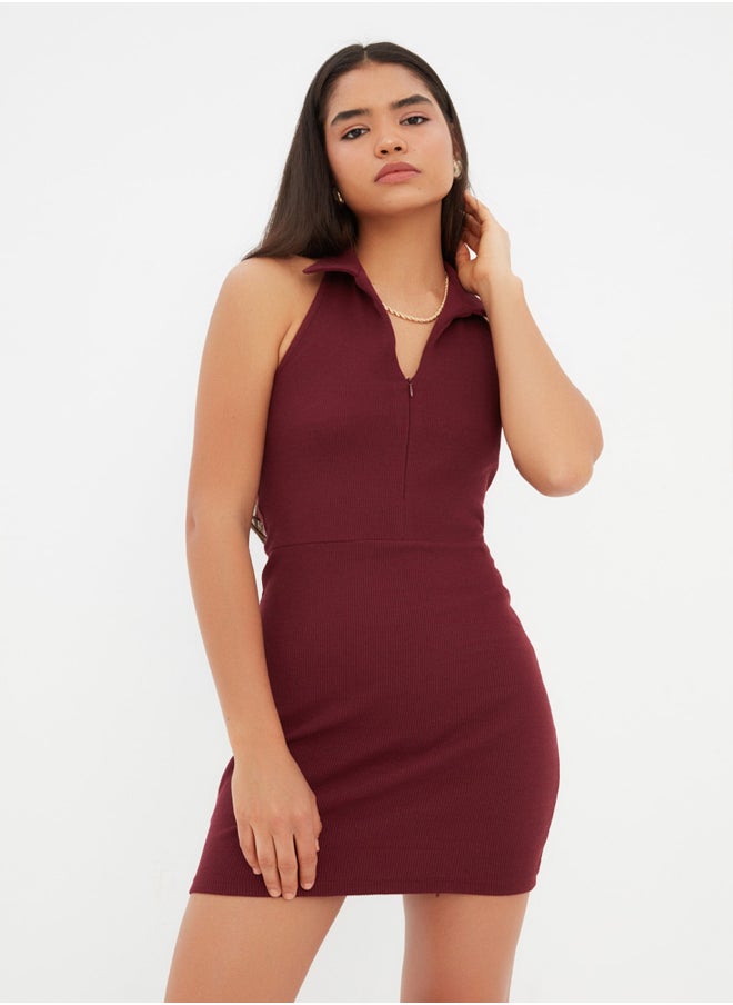 trendyol Burgundy Fitted Polo Neck Mini Ribbed Stretchy Knitted Pencil Dress TWOSS22EL1981  - Image 1