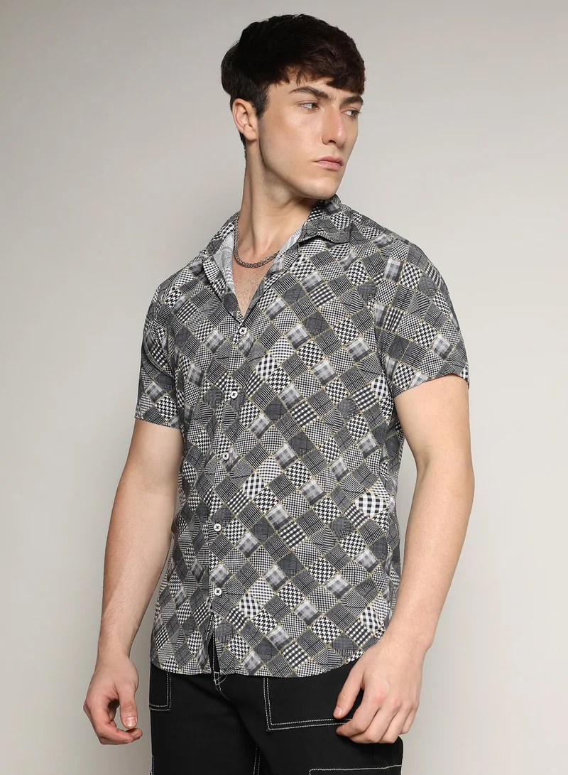 Campus Sutra Men's Black:White Herringbone Plaid Block Shirt