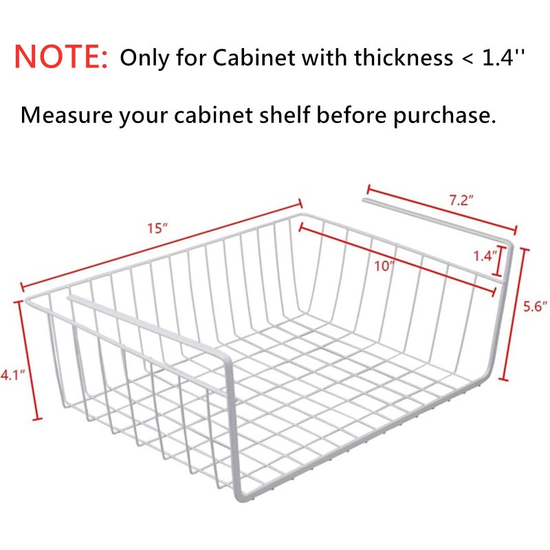 Tebery Tebery 2 Pack White Under Shelf Wire Basket Hanging Storage Baskets  Under Cabinet Add-on Storage Racks Slide-in Baskets Organizer for Kitchen Pantry Desk Bookshelf  - Image 2