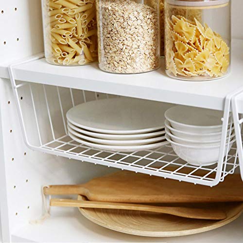 Tebery Tebery 2 Pack White Under Shelf Wire Basket Hanging Storage Baskets  Under Cabinet Add-on Storage Racks Slide-in Baskets Organizer for Kitchen Pantry Desk Bookshelf  - Image 3