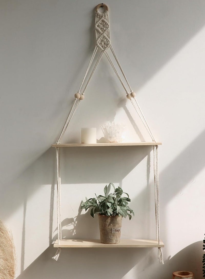 انتيكيانو رف معلق على الحائط من اي سي تي بي كيو كيو دي تي، ديكور حائط بوهو مصنوع يدويا، رف تخزين عائم من الخشب الريفي للاستخدام الداخلي، رفوف عرض لتعليق صور النباتات، 4 خرزات من طبقتين - Image 1