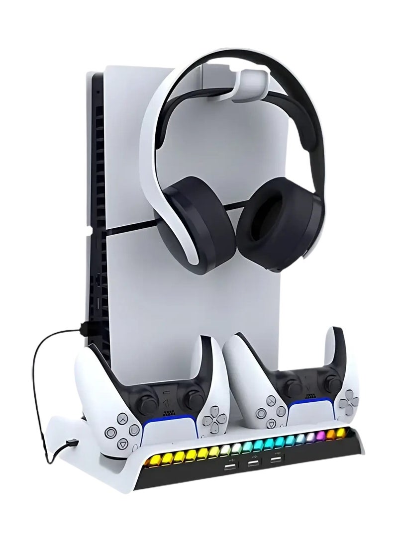 حامل تبريد وشحن عمودي RGB لجهاز PS5 Slim (قرصي ورقمي) - شاحن مزدوج لوحدة التحكم ومروحة تبريد فعالة وإضاءة LED ديناميكية - Image 1