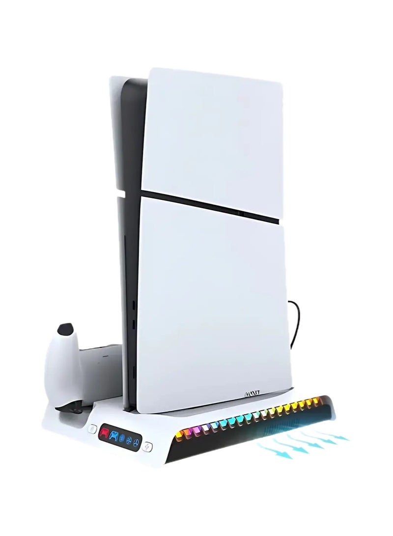 حامل تبريد وشحن عمودي RGB لجهاز PS5 Slim (قرصي ورقمي) - شاحن مزدوج لوحدة التحكم ومروحة تبريد فعالة وإضاءة LED ديناميكية - Image 2