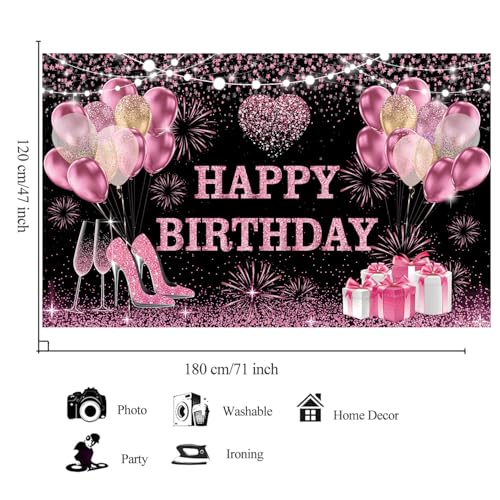 YinQin 180x120 cm Pink Golden Happy Birthday Backdrops Cloth 71x47 inch Bday Photography Backgrounds Glitter Black Rose Golden Happy Birthday Sign Banner Decoration for Women Girl (Pink Gold) - Image 4